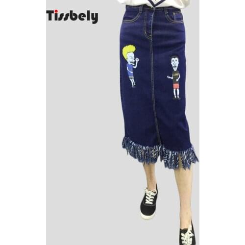 Tissbely Tassel Zipper Denim Skirts For Girls Midi Jeans Skirt Ladies Cartoon Print High Waisted Denim Skirts Womens