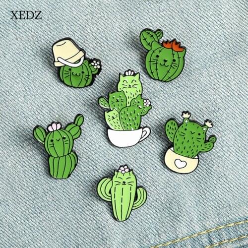 XEDZ Cartoon Cactus Plant Enamel Brooch Fashion Kitten Face Potted Wipe Costume Decoration Funny Children Gift