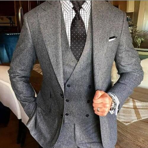 Custom Made 2020 Gray Mens Wedding Suits Slim Fit Business Male Suit Prom Party Groom Tuxedos 3 Piece Set (Blazer+Vest+Pants)