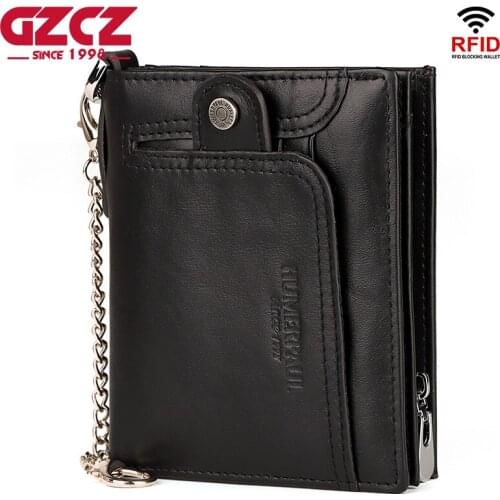 GZCZ Rfid Genuine Leather Men Wallet Coin Purse Small Mini Card Holder Chain PORTFOLIO Portomonee Male Mini Walet Money Bags