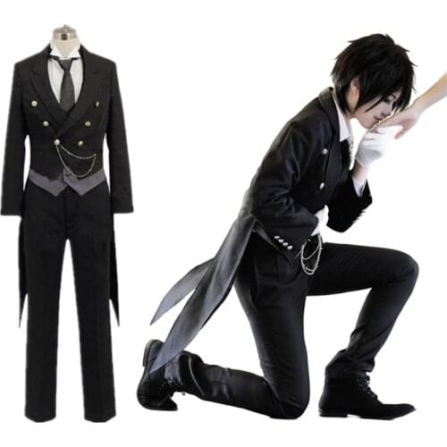 New Anime Black Butler Kuroshitsuji Sebastian Michaelis Cosplay Costume Black Uniform Outfit Halloween Costumes for Women Men