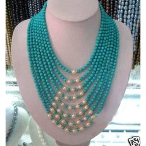 Beautiful 8 row 6 mm blue bead white pearl necklace AA