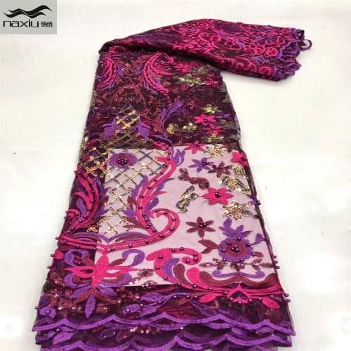 Madison Plenty Beads Lace Fabric Embroidery Purple Color French African Nigerian Latest Design High Quality Tulle 2021 For Dress