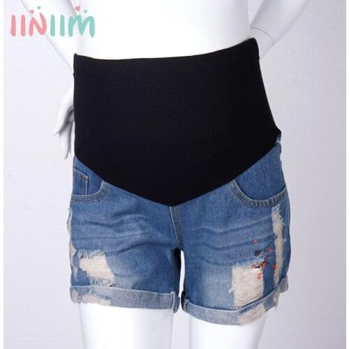 Iiniim Summer Denim Shorts for Pregnant Women/Patchwork Style High Waist Support Belly Elastic Band Ripped Jeans With Pockets