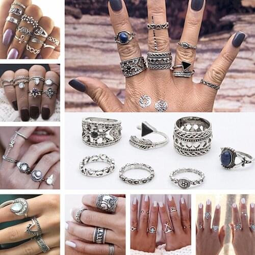 Rings Set Beach Jewelry Finger Ring Fashion Anel Anillos Bohemian Antique Statement Moon Midi Ring Carved European & American