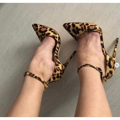 Sexy Leopard Printed Pumps Women Shoes Woman Super High Stiletto Heels 12CM Ankle Strap Pumps Pointed Toe Banquet Dress Shoes