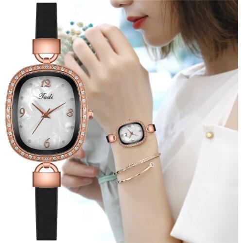 Luxury Women Oval Pearl Shell Dial Watches Fashion Leather Ladies Rhinestone Quartz Watch for Women Gift Clock Relogio Feminino