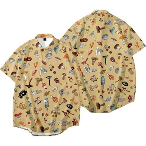 Male Streetwear Loose Casual Shirt Blouse Top Men Mushroom Print Shirts Summer Short Sleeve Shirts
