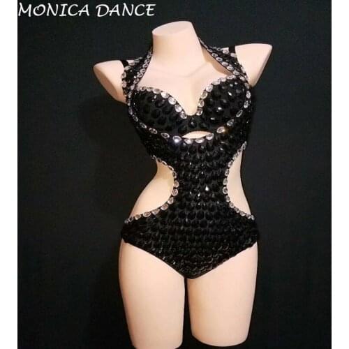Sexy Stage Black Silver Rhinestones Backless Bodysuit Bar Women Dance Prom Celebrate Outfit Women Singer Evening Stage Bodysuit