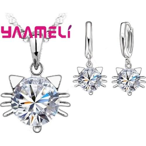 Super Cute Girls Gifts Jewelry 925 Sterling Silver with AAA Cubic Zircon Stone Cat Charms Pendant Necklace Hoop Earrings