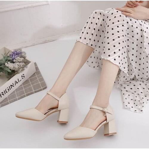 Single Shoes Woman Mid Heels Women Pumps Ankle Strap Buckle Block Heel Footware for Office Lady Beige Apricot