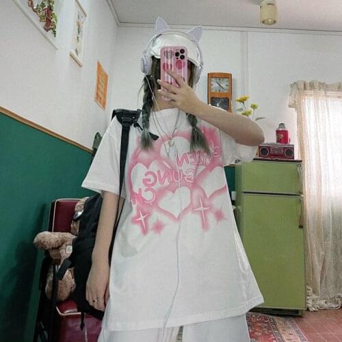 Street hip hop brand girl retro love printing loose size half sleeve short sleeve T-shirts for men and women tees