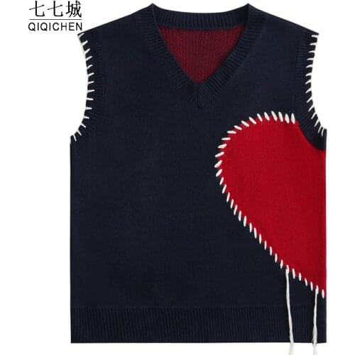 Knitted Sweaters Vest Men Women Peach Heart Pattern Harajuku Street Sleeveless V Neck Loose Knitwear Tank Tops Pullover Couple