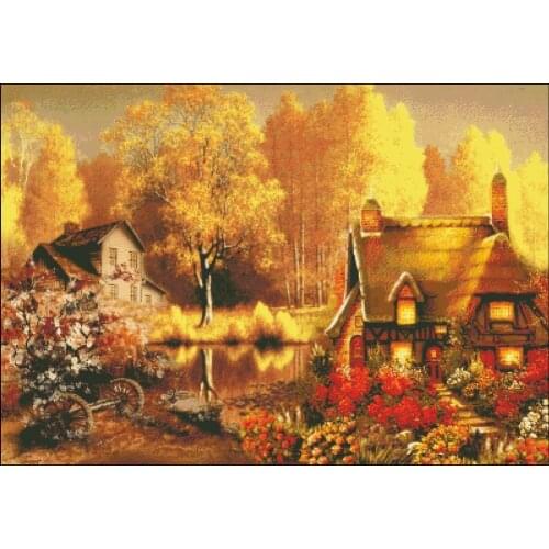 Embroidery Needlework Autumn forest Scenic Lake House Crafts 14CT Counted Unprinted DIY Cross Stitch Kits Handmade Art Decor