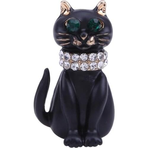 Black Enamel Cat Brooches for Women Crystal Green Eyes Cat Brooch Pin Fashion Animal Party Clothes Accessories