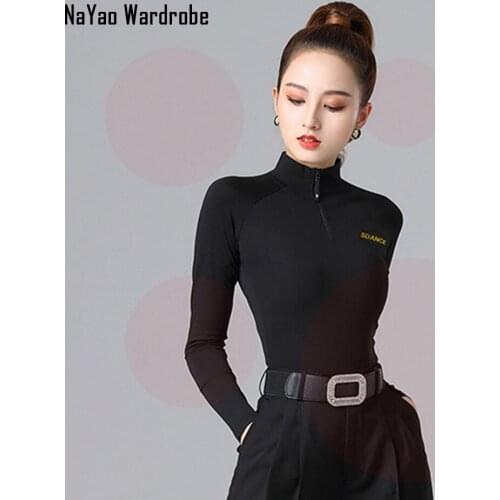2021 New SS075 Long Sleeve Latin Dance T shirt High Neck Design Women Latin Dancing Clothes Belly Ballroom Tango Dresses