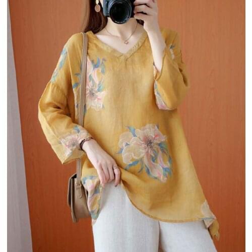 Women Cotton Linen Casual T-shirts New 2021 Spring Vintage Style V-neck Floral Print Loose Female Long Sleeve Tops Tees S3212