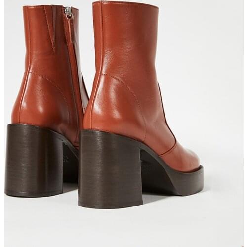 MUMANI Woman‘s Ankle Boots BrownLeather Round Toe Short Tube Zipper Fashion High Heels Platform Footwear Elegant Handmade Shoes