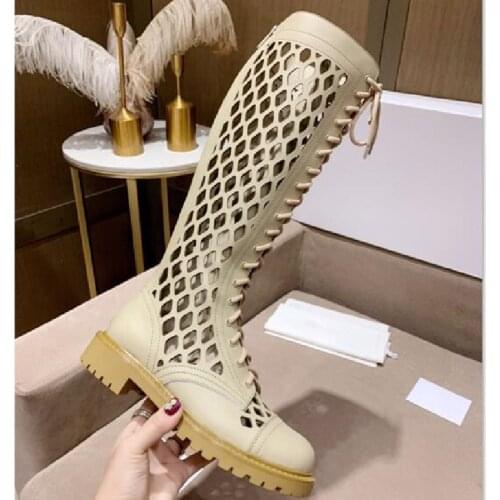 Woman Shoes Leather Genuine Shoes Women Knee High Zapatos De Mujer Lace Up Boots Women Summer Botas Mujer Flat Boots Fashion