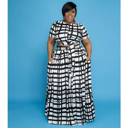 5XL Plus Size Print Two Piece Sets Womens Clothing Fashion O-Neck Short Sleeve Top Pocket Skirt Sets vacation outfits