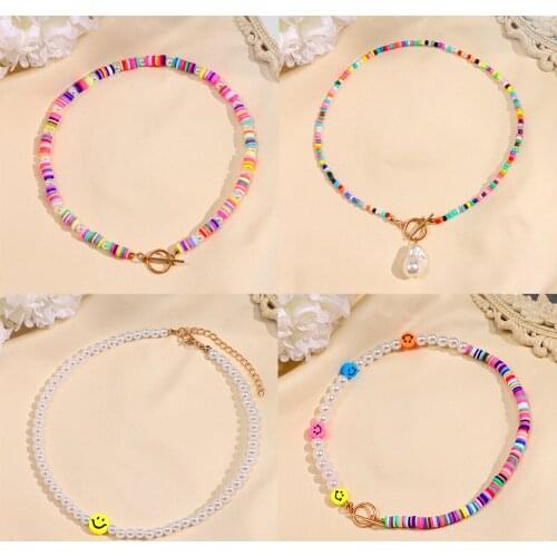 Boho Rainbow Clay Choker Smiley Pearl Beaded Necklace For Women OT Buckle Necklace Soft Pottery Surfer Bead Collar Y2K Jewelry