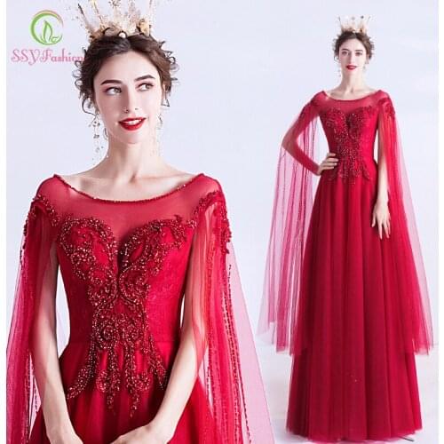 SSYFashion New Luxury Red Evening Dress Scoop Floor-length Sequins Beading Bride Banquet Elegant Formal Gown Vestido De Noche