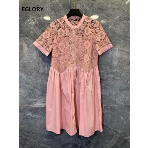 New Korean Style Dress 2021 Summer Ladies Crochet Lace Embroidery Patchwork Short Sleeve Pink Dark Blue White Cotton Dress