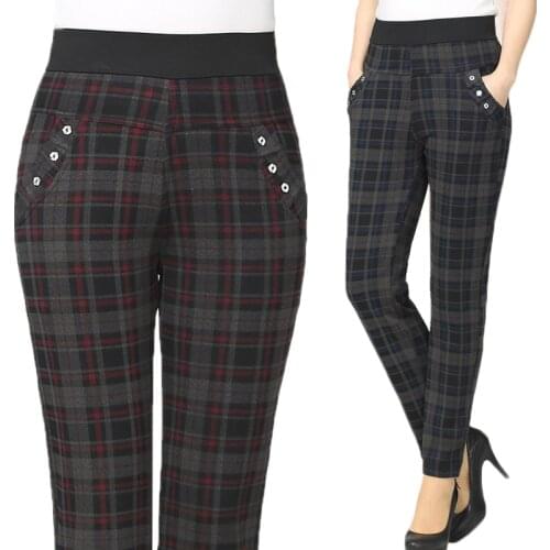 Winter Plus Velvet Elastic High Waist Casual Pants Autumn Womens Trousers 2021 New Lattice Middle-aged Straight Womens Pants