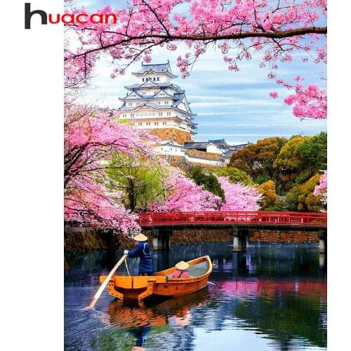 Huacan Full Square Diamond Painting Flower Temple Scenery Embroidery Cross Stitch River Landscape Home Decor Diamond Art