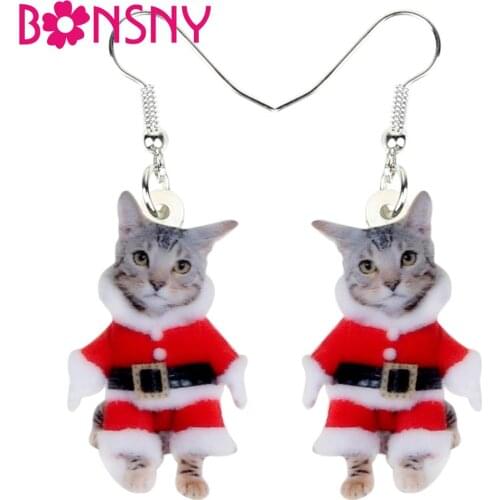 Bonsny Acrylic Christmas Sweet Suits Cat Kitten Earrings Drop Dangle Festival Jewelry Women Girl Kid Anime Birthday Charm Gift
