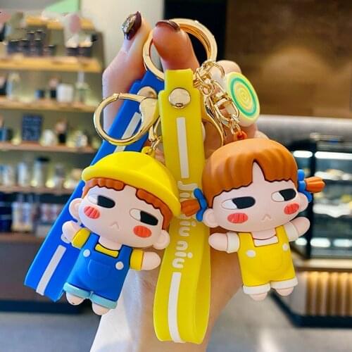 PVC Cartoon Kid Doll Keychain Milk Blue Brother Yellow Sister Pendant Cute Bag Car Keyring Soft Lanyard Girl Boy Lover Gift