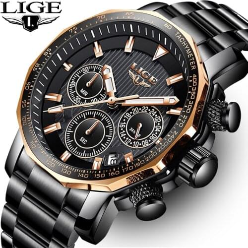 LIGE Mens Watch Top Brand Luxury Men Sport Chronograph Full Steel Large Dial Quartz Watch Men Waterproof Clock Relogio Masculino
