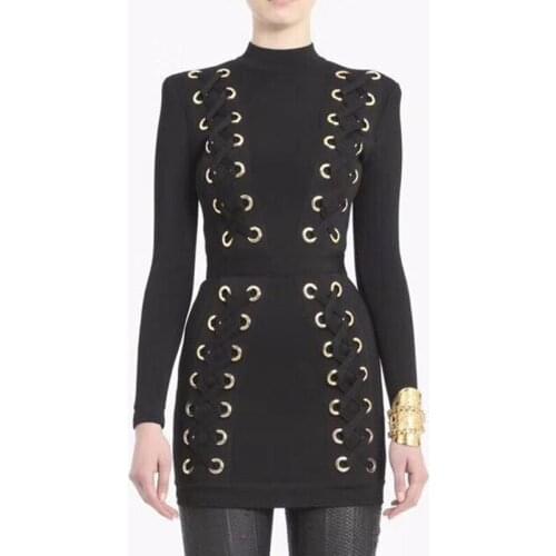 Celebrity High Quality Black Long Sleeve Bodycon Mini Rayon Bandage Dress Evening Party Dress