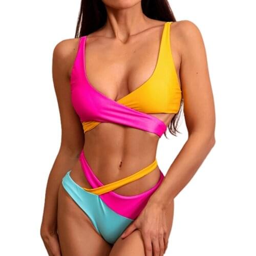 Women Sexy 2pcs Color Block Bikini Set Halter Bandage Cross Wrap Push Up Swimsuit Hollow Out High Waisted Bathing Suit