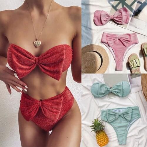Swimming suit women push up swimwear women set bathing suit two piece Strapless pink light sexy red High waist Bow padded bikini