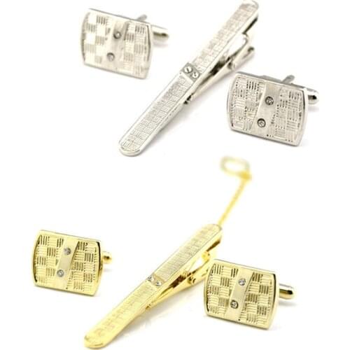 Square Luxury Vintage Inlay Rhinestones Mens Cufflink And Tie Clip Set