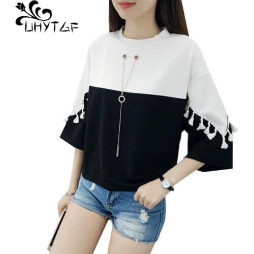 UHYTGF Summer t shirt women Korean short sleeve loose plus size t-shirt Bat sleeve splice student top Womens clothing tide 144