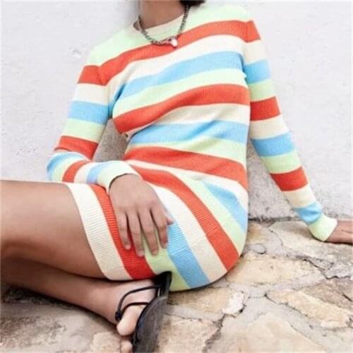 MESTTRAF Women 2021 Fashion Striped Ribbed Knit Mini Dress Vintage O Neck Long Sleeve Female Dresses