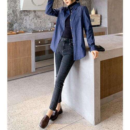 2020 spring and autumn new large size loose mid-length denim shirt womens long-sleeved slimming shirt casual all-match shirt
