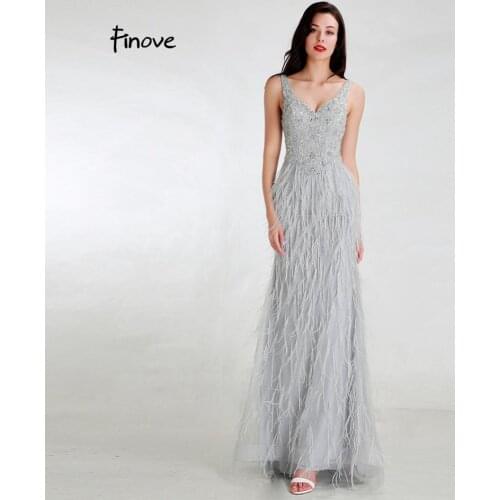 Finove New Design Light Grey Evenining Dresses Long 2020 Sexy Backless Elegant Tulle With Beading Feathers Mermaid Party Gowns