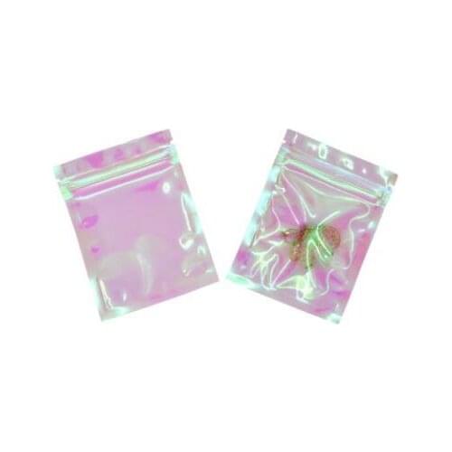 Thick Reclosable Holographic Pink Zipper Packaging Bag Cosmetic Jewelry Flat Pouches Laser Small Plastic Zip Lock Bags 100pcs