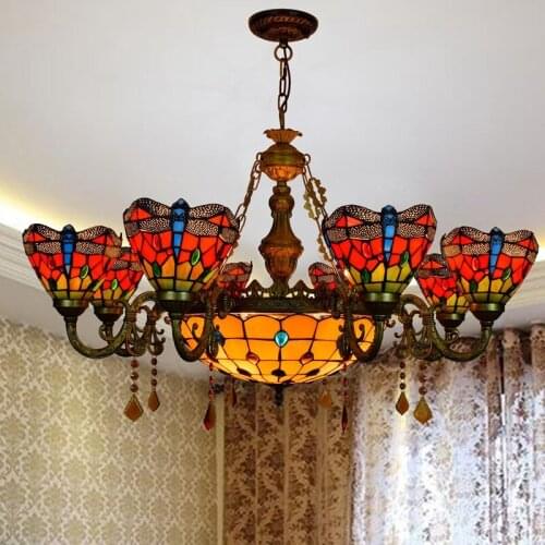 European Retro Red Dragonfly coloured glass living room dining room multi head lifting lamp 110-240V Jubilation Pendant Lights