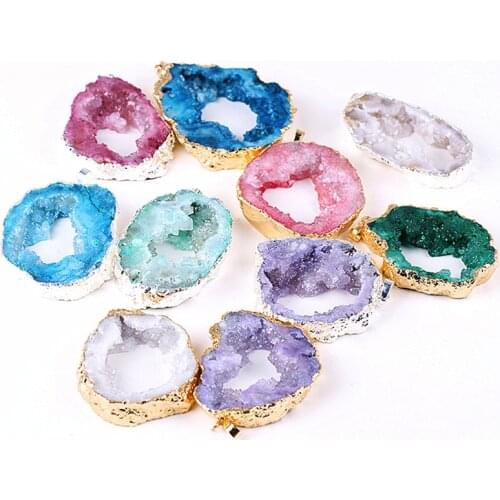 Natural Brazilian Gold Color Edged Slice Open Agates Slice Geode Drusy Druzys Pendants For Necklace Women Jewelry With Chain