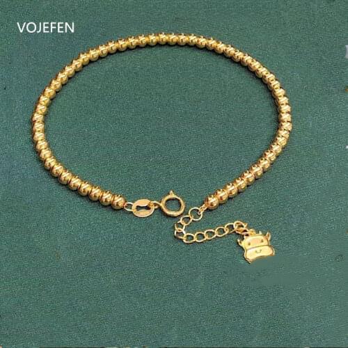 VOJEFEN AU750 18K Yellow Gold Beaded Ball Bracelets for Women Ball Chain Bracelet With Cow Brand Pendant Fine Jewelry