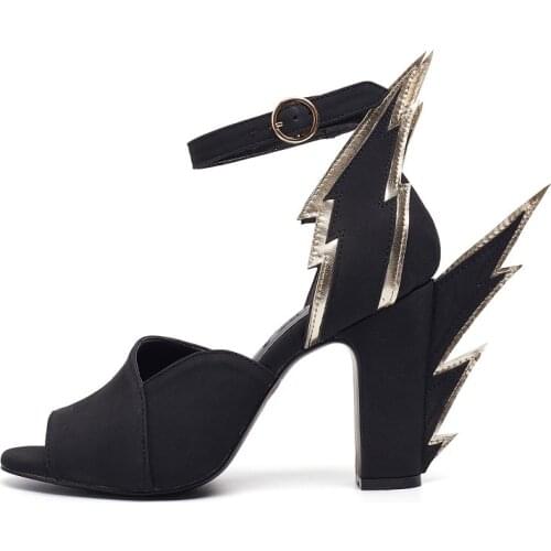 Chic Ladies 3D Gold Bordured Lightning Decor Chunky Heels Sandals Peep Toe Ankle Strap Woman Party Dress Shoes