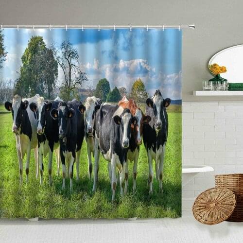 Cow Shower Curtain Cattle Horse Deer Animal Farm Ranch Green Planting Natural Scenery Bathroom Deco Blackout Waterproof Screen