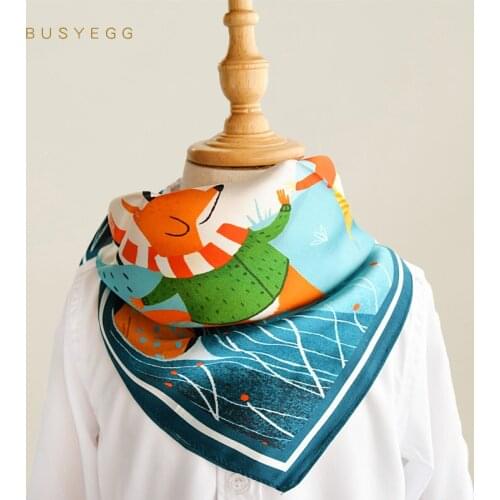 Blue lovely fox 100% real silk childrens handkerchiefs scarves children 50cm small square headband wrap gift for lady and baby