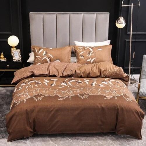 Modern Brown Solid Color Flower Printed Bedding Set Luxury New Bed Linen Duvet Cover Set Pillowcase Twin Full Queen King Size
