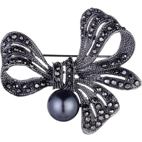 Vintage Rhinestone Bow Brooches For Women Black Bowknot Brooch Pin Fashion Jewelry Coat Accessories Elegant Style