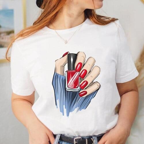 Women Make Up Fingernail Short Sleeve Tee Fashion T Shirt Female Cartoon Top Ladies Graphic 90s T-shirt Clothing